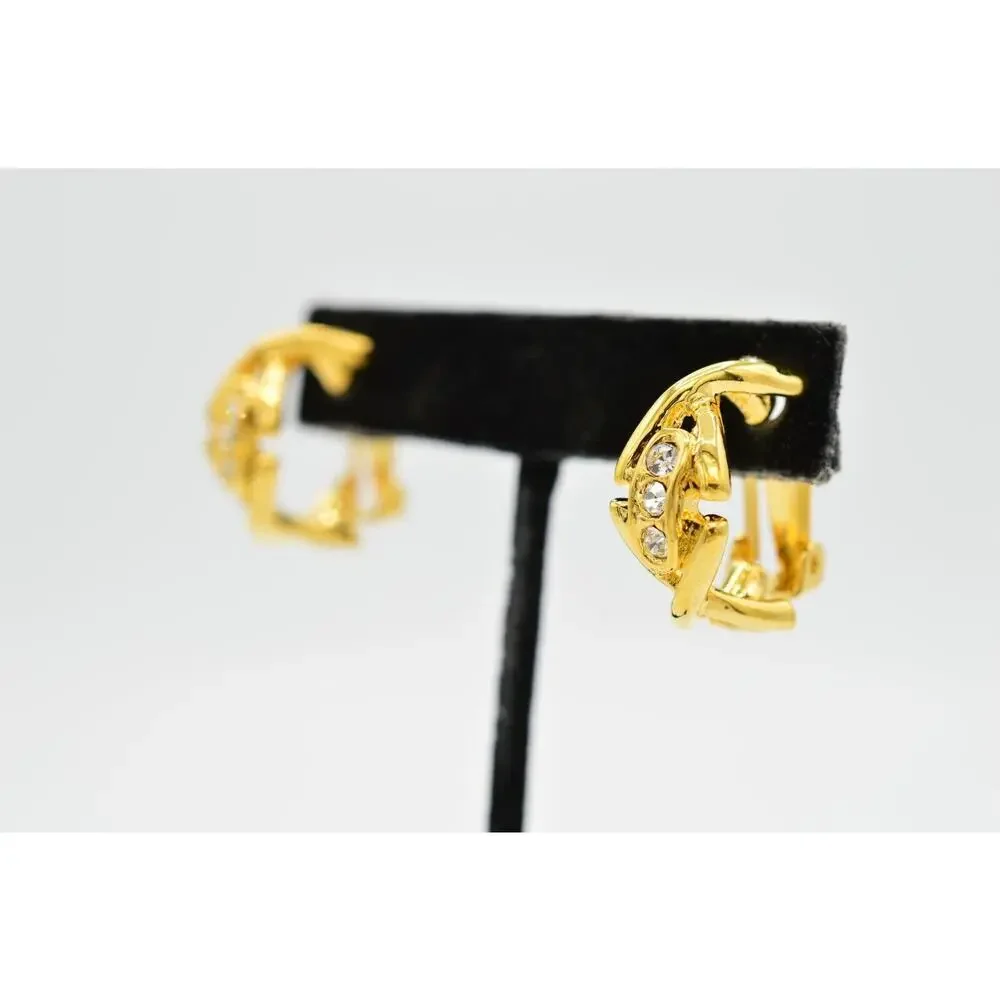 Vintage Crystal Clip On Earrings Gold Dangle X Rhinestone Chunky NOS 1980s 9L